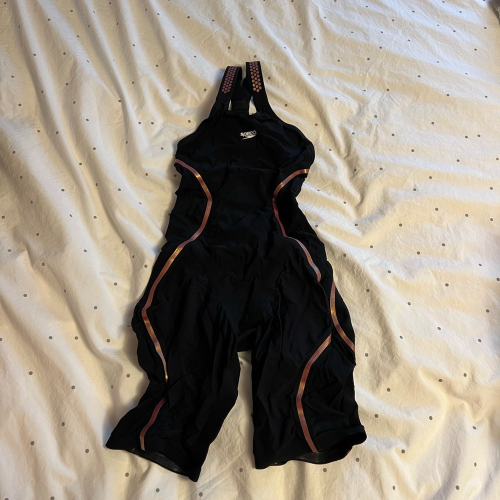 Black Speedo Tech Suit with Gold Accents